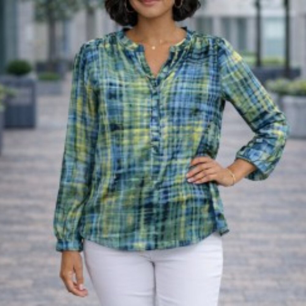 Joe Fresh Blue & Green Plaid-Print Long-Sleeve Abstract Tunic Blouse Medium